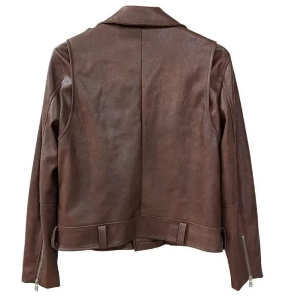 7 For All Mankind Women's M Brown Faux Leather Moto Jacket